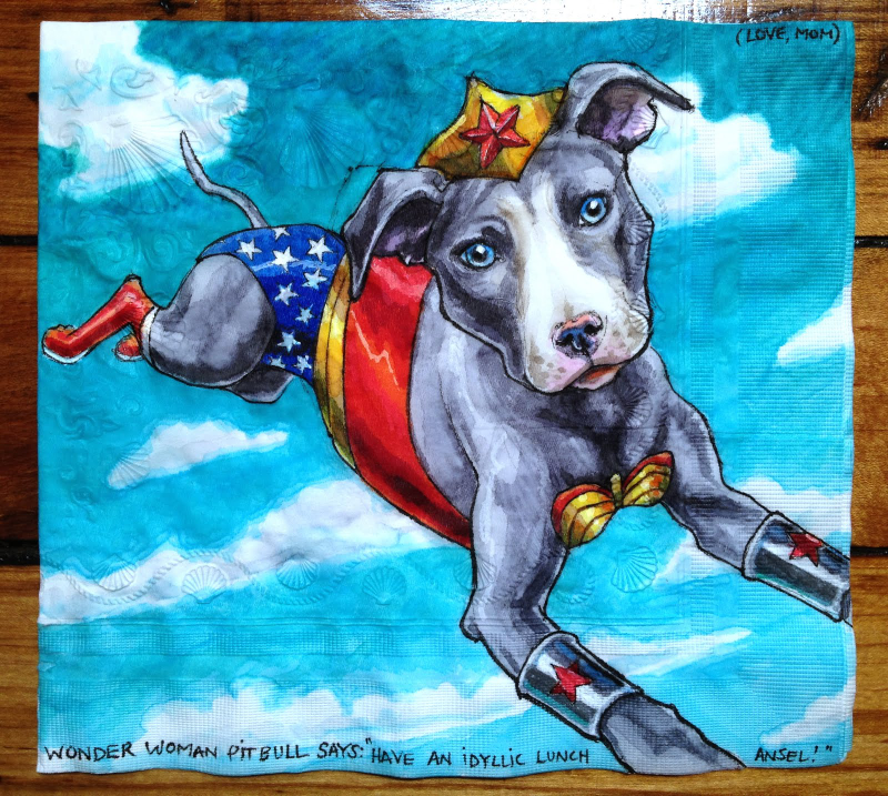 Illustration for article titled Artist draws superpowered canines on her sons' lunch napkins